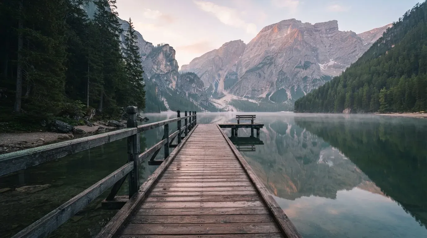 Ein Holzsteg führt über einen stillen Bergsee in den Alpen, über dem Wasser hängen bei Sonnenaufgang einzelne Nebelschwaden.