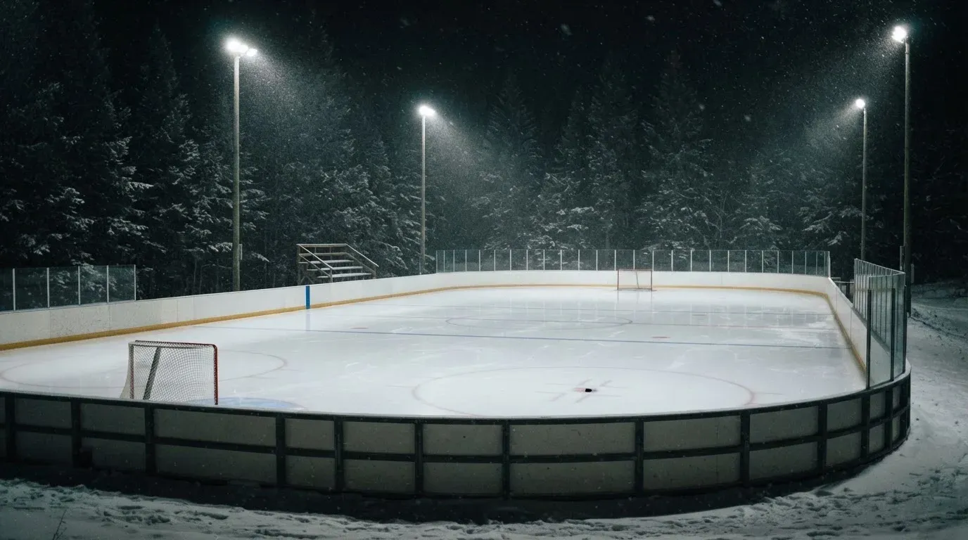 Eine Eishockeybahn liegt unter Flutlicht aus der Ferne betrachtet, leichter Schneefall treibt durch den Lichtkegel über dem Eis.
