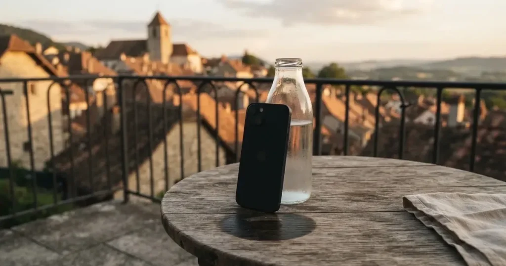 Ein Smartphone mit dunklem Display lehnt an einer Glasflasche auf einem Balkontisch, dahinter liegt eine Altstadt in der Abendsonne.