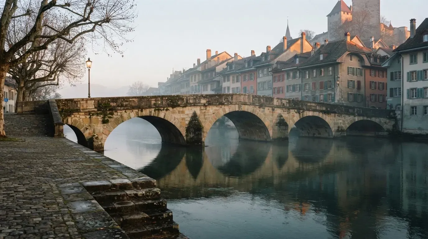 Eine steinerne Bogenbrücke überspannt am frühen Morgen einen Fluss in einer Altstadt, auf dem Wasser liegt dünner Nebel.