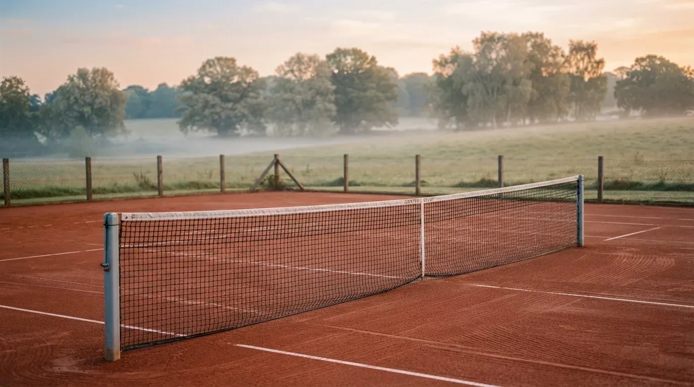 Ein Sandplatz für Tennis liegt bei Morgengrauen leer da, Tau glänzt auf dem Netz, hinter dem Zaun steigen Wiesen an.