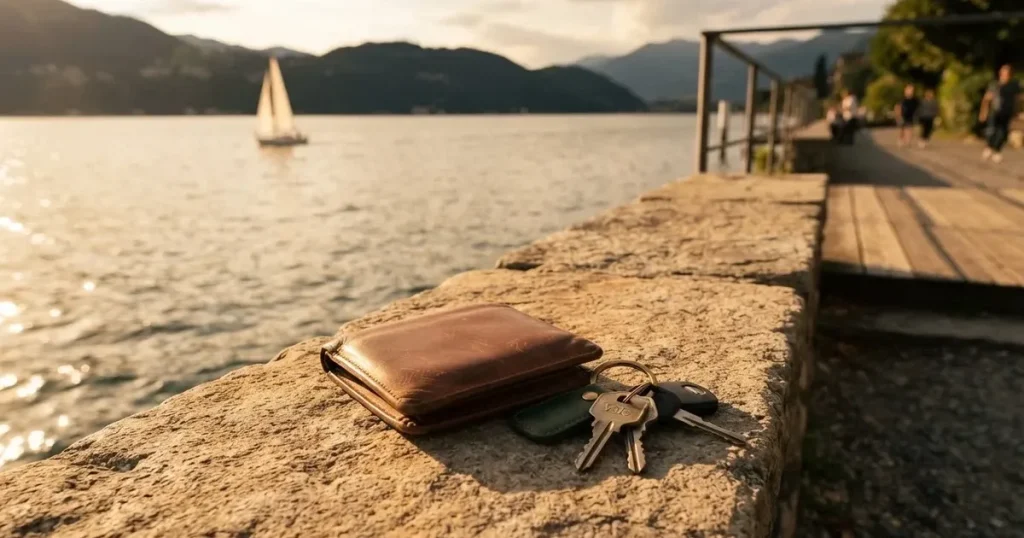 Eine Lederbörse und ein Schlüsselbund liegen auf der Steinbrüstung einer Seepromenade, dahinter glitzert der See im späten Nachmittagslicht.