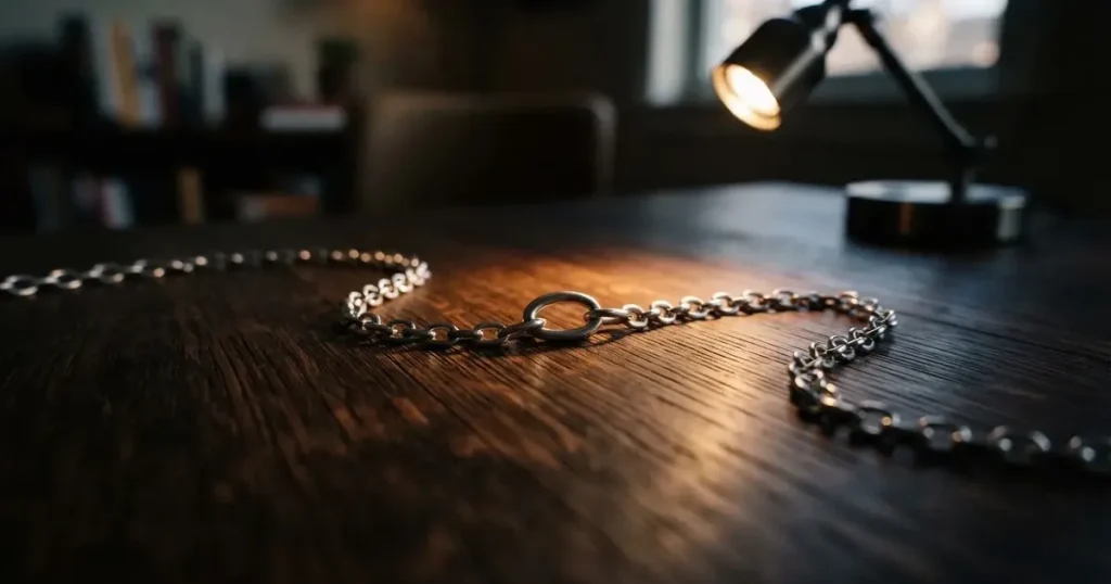 Eine Kette aus silbernen Gliedern liegt ausgebreitet auf dunklem Holz, ein einzelnes Glied ist von einer Lampe hell beleuchtet.