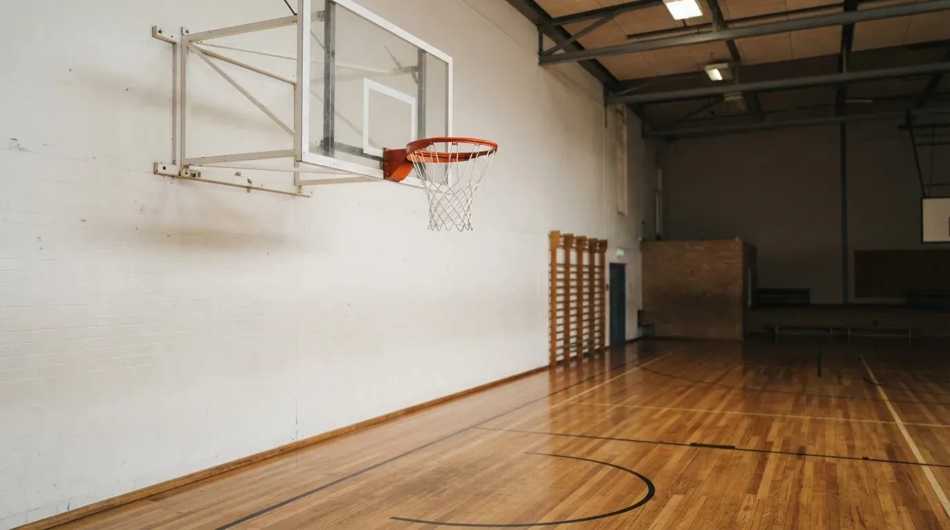 Ein Basketballkorb hängt in einer leeren Halle über einem Holzparkett, von der Decke fällt gleichmässiges Licht auf den Boden.