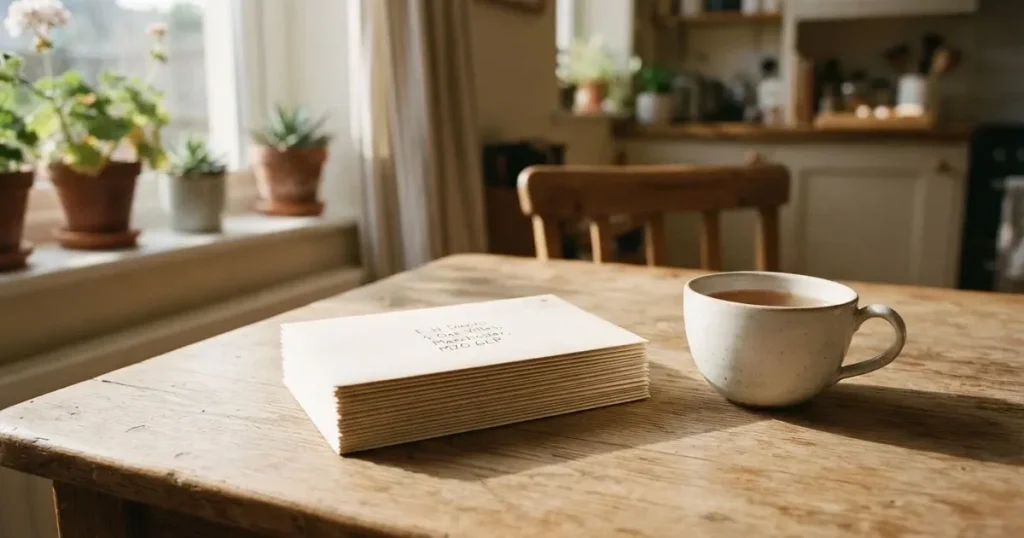 Ein Stapel schlichter Briefumschläge liegt auf einem Küchentisch neben einer Tasse Tee, durch das Fenster fällt Morgenlicht.