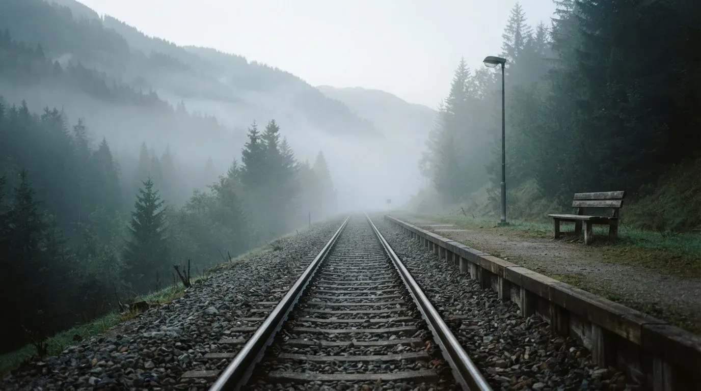 Ein leerer Bahnsteig in den Bergen mit zwei Gleisen, über den Schienen hängt Morgennebel und dahinter ragen dunkle Tannen auf.