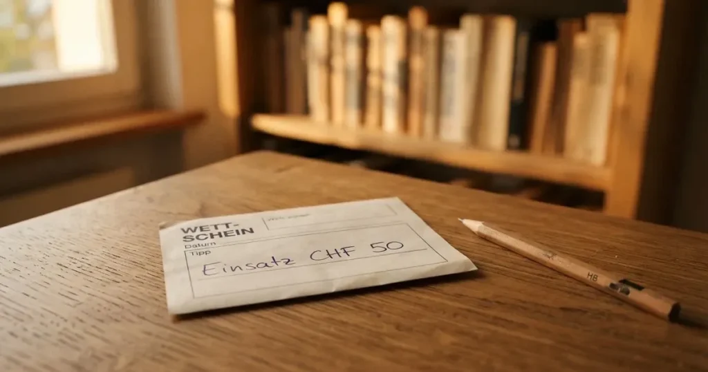 Ein kleiner Stapel Münzen liegt auf einem Holztisch neben einem Bleistift, im Hintergrund unscharf ein Regal mit Büchern.
