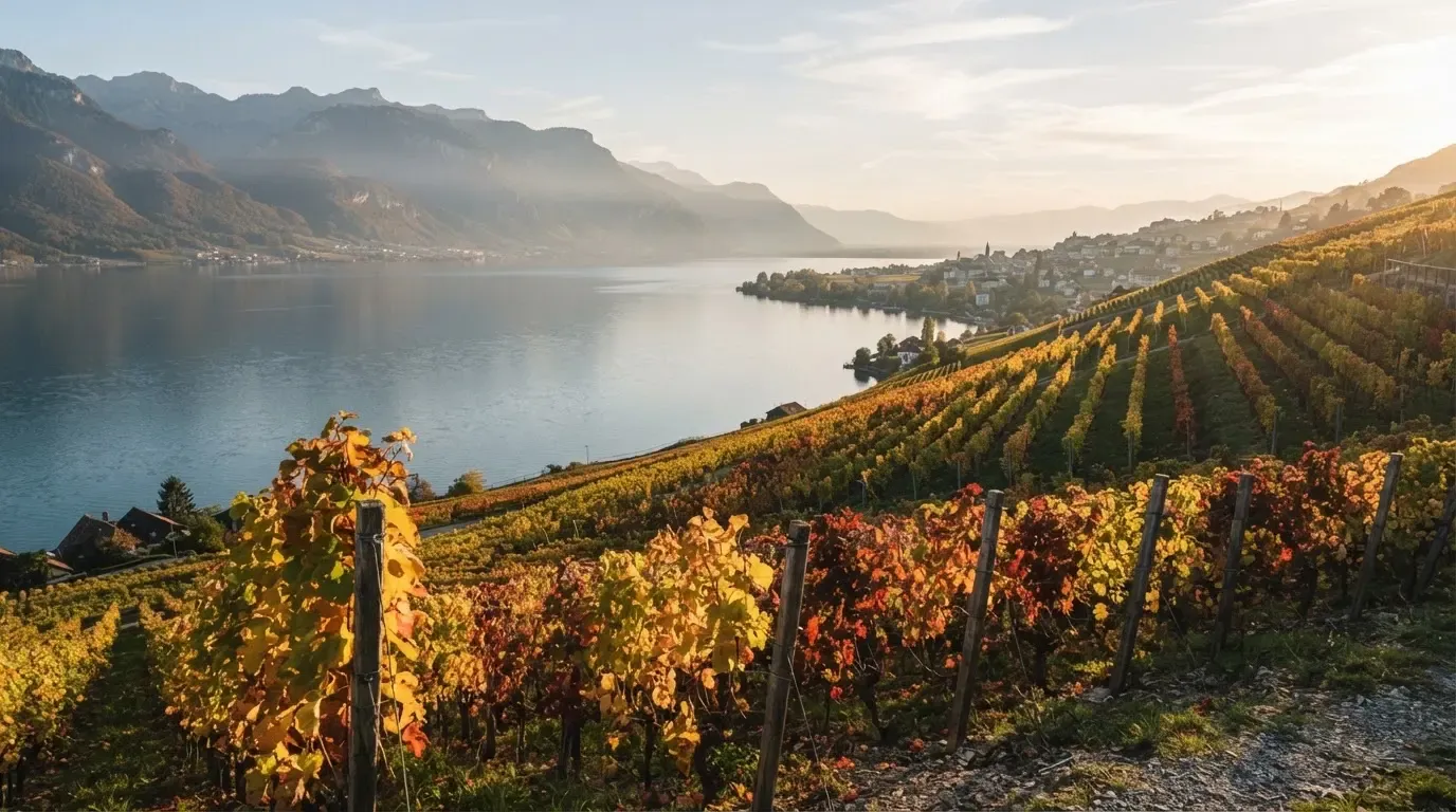 Rebzeilen ziehen sich im Herbstlicht einen Hang über einem See hinunter, die Blätter leuchten gelb und rot.
