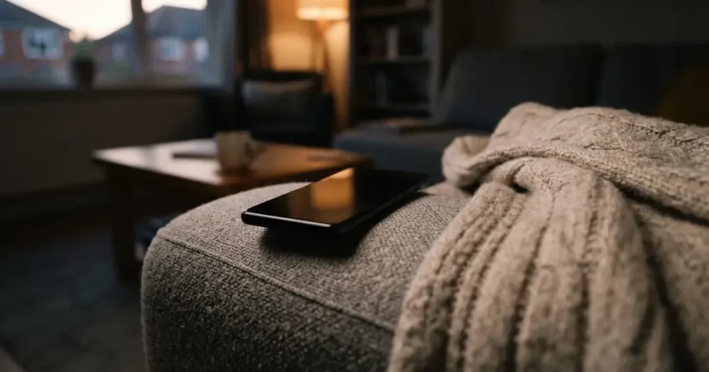 Ein Smartphone mit dunklem Display liegt auf der Lehne eines Sofas neben einer Wolldecke, warmes Abendlicht fällt ins Zimmer.