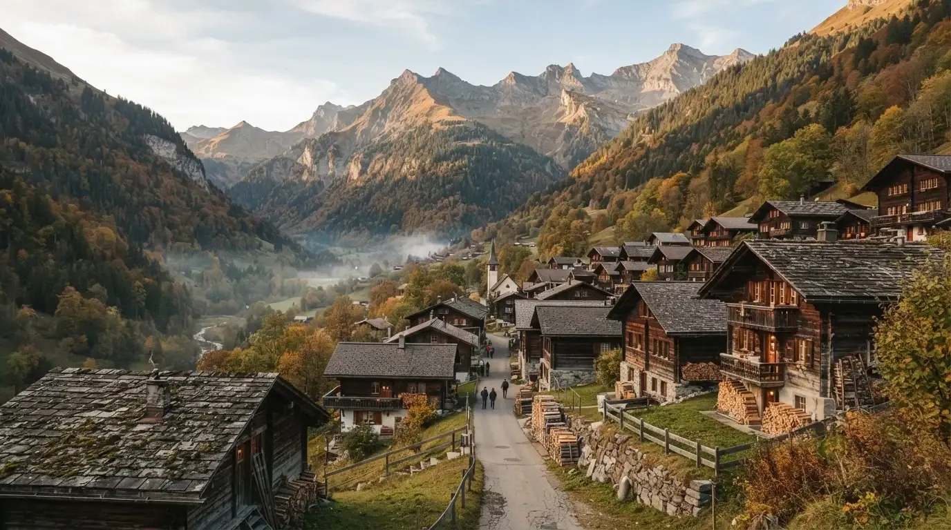 Ein kleines Dorf mit Holzhäusern liegt im Herbst in einem Tal, darüber ragen bewaldete Hänge und ein Bergkamm auf.