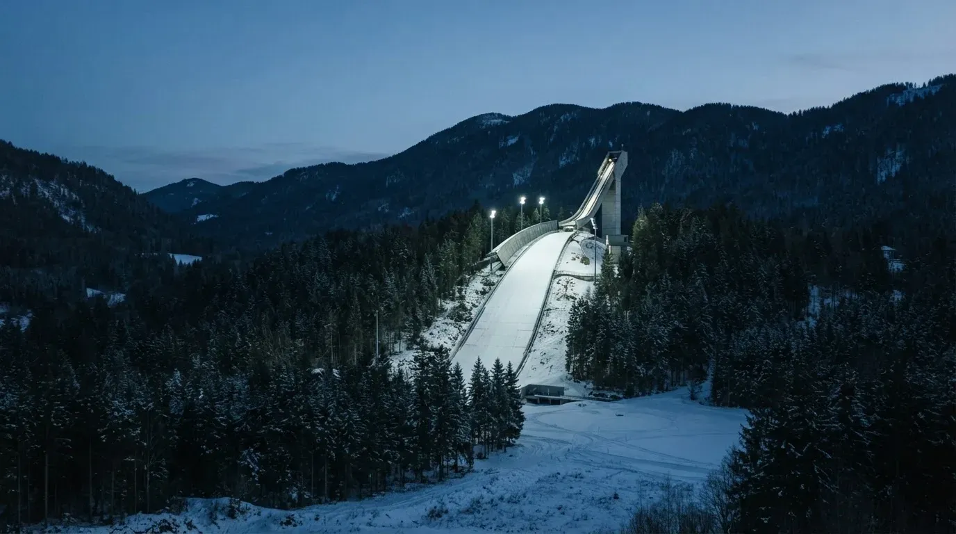 Eine Skisprungschanze steht am Abend im Flutlicht, aus der Ferne betrachtet, umgeben von dunklem Tannenwald und leichtem Schnee.