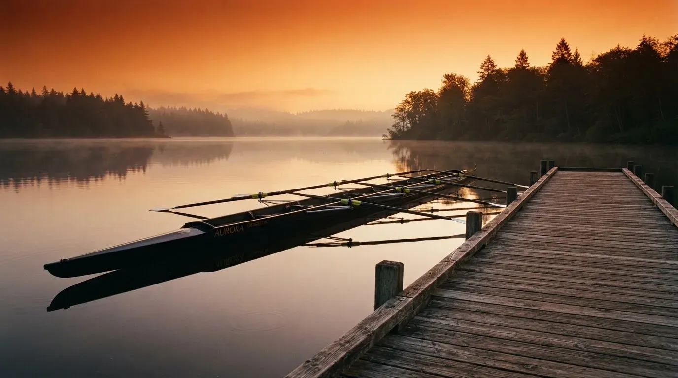 Ein leerer Ruder-Achter liegt bei Sonnenaufgang am Steg eines Sees, das Wasser ist spiegelglatt und der Himmel orange.