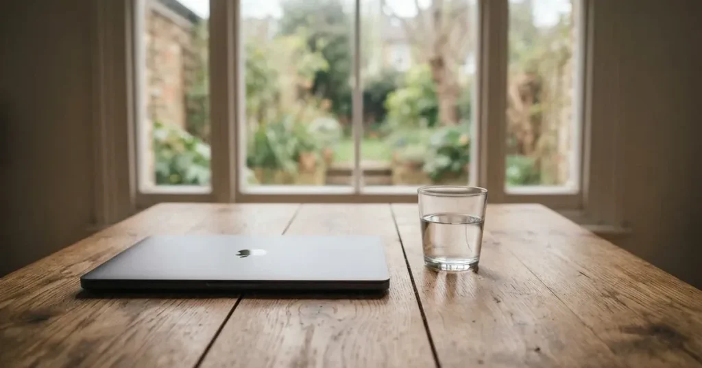 Ein geschlossener Laptop steht auf einem Küchentisch neben einem Wasserglas, durch das Fenster dahinter fällt weiches Tageslicht.