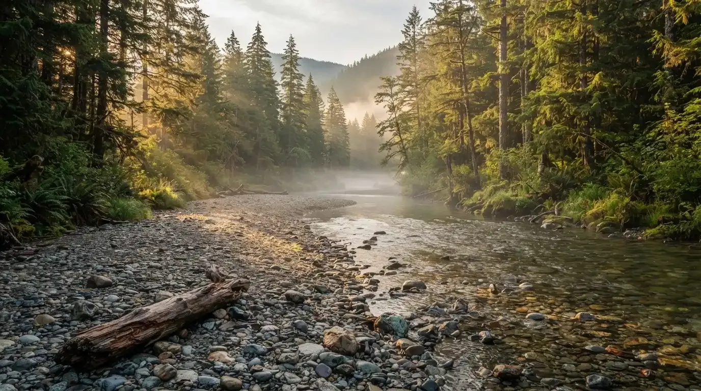 Ein Fluss mit breiter Kiesbank fliesst durch einen Wald, über dem Wasser hängt früher Nebel und Sonnenstrahlen brechen durch.