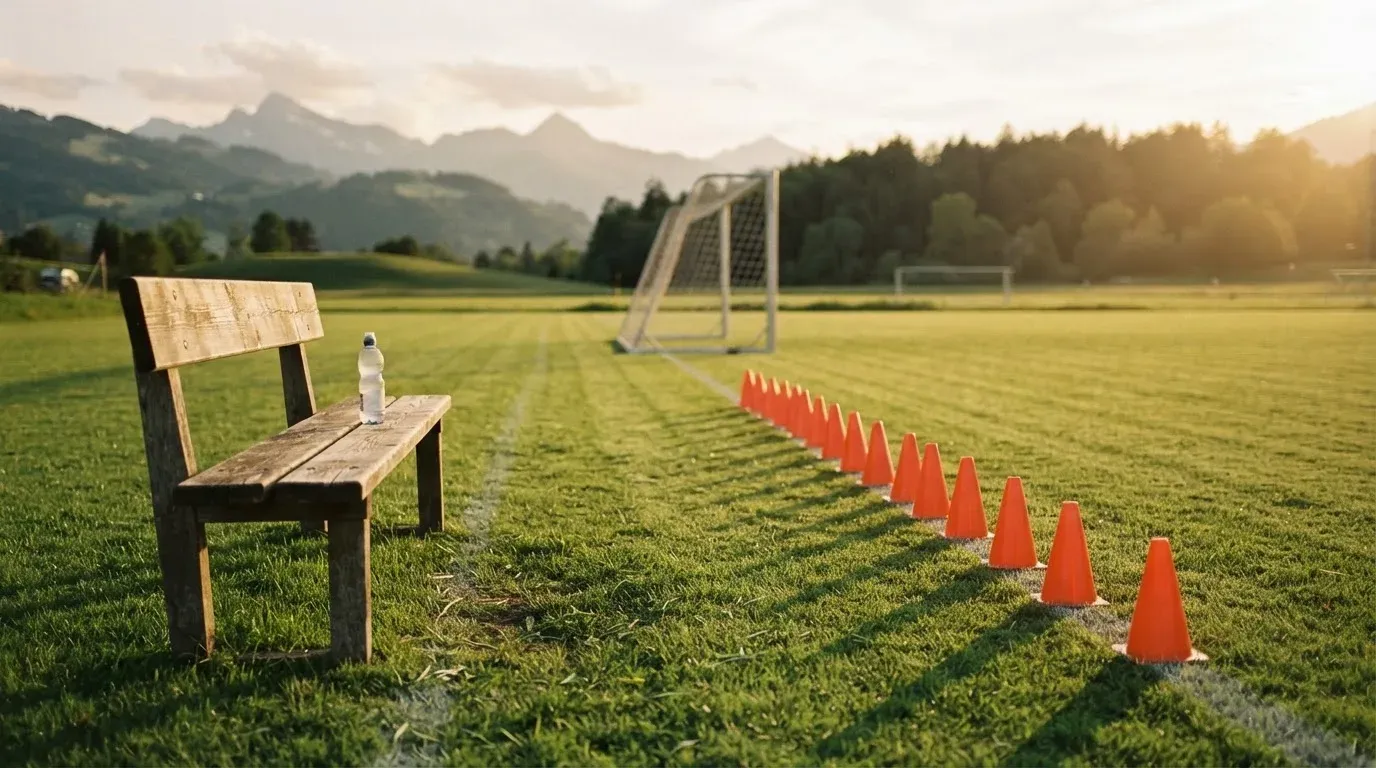 Ein Trainingsplatz zeigt eine Ersatzbank mit Trinkflasche und eine Reihe oranger Hütchen auf frisch gemähtem Rasen im Spätnachmittagslicht.