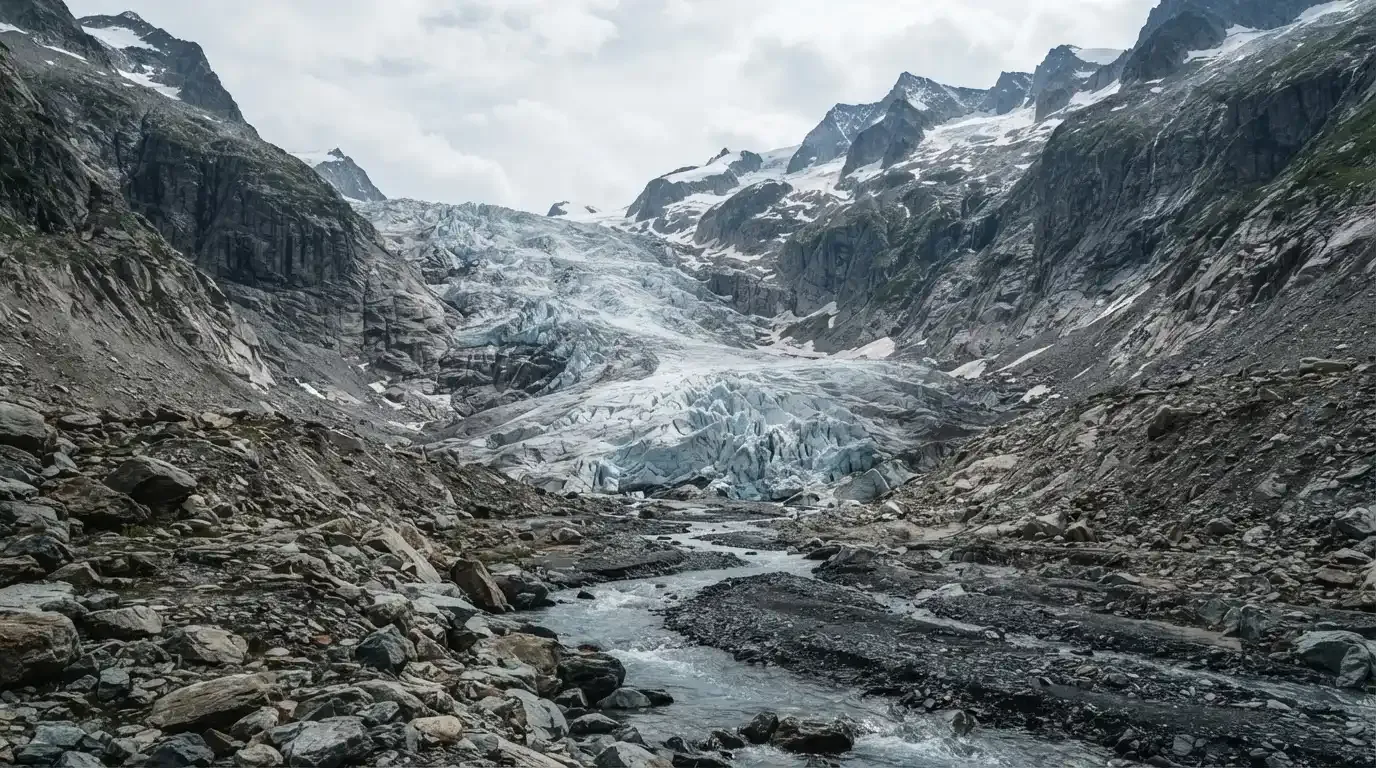 Ein Gletscher schiebt sich zwischen steile Felswände, im Vordergrund liegen Geröll und ein schmaler Bach in kaltem Licht.