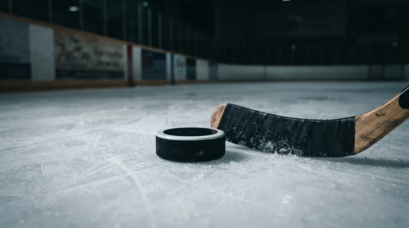 Ein Eishockeypuck liegt auf der Eisfläche neben dem Blatt eines Schlägers, die Bande dahinter ist im Dunkeln nur schwach zu erkennen.