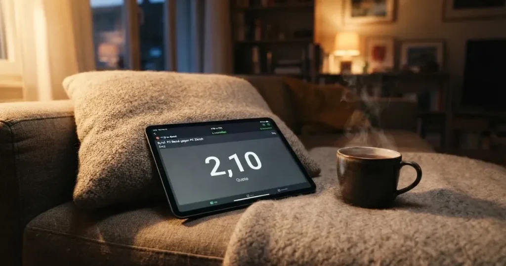 Ein Tablet mit schwarzem Display liegt auf einem Sofakissen, daneben ein Becher mit Tee, vom Fenster her fällt Abendlicht.