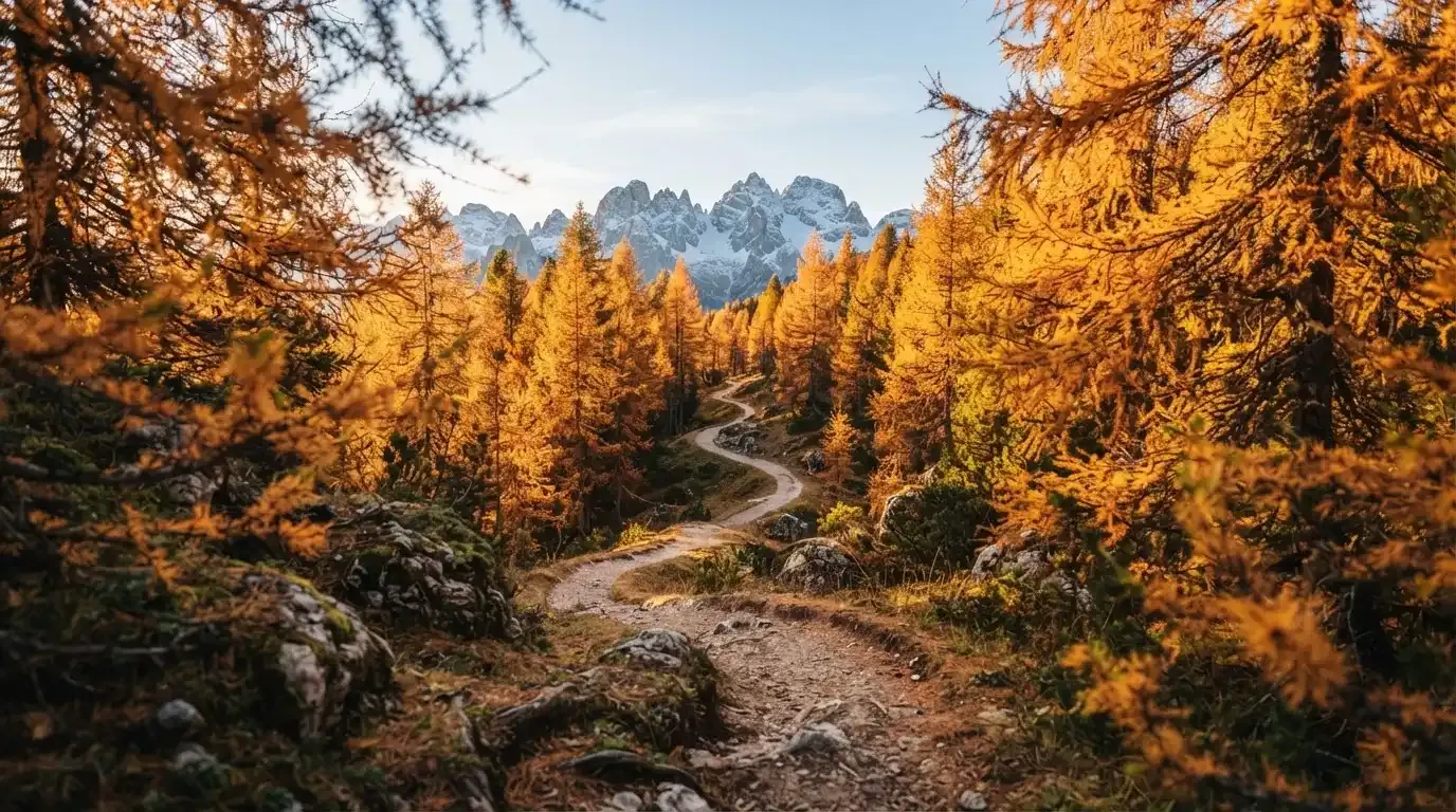 Ein Wanderweg schlängelt sich durch einen goldgelben Lärchenwald, in der Ferne sind schneebedeckte Berge zu sehen.