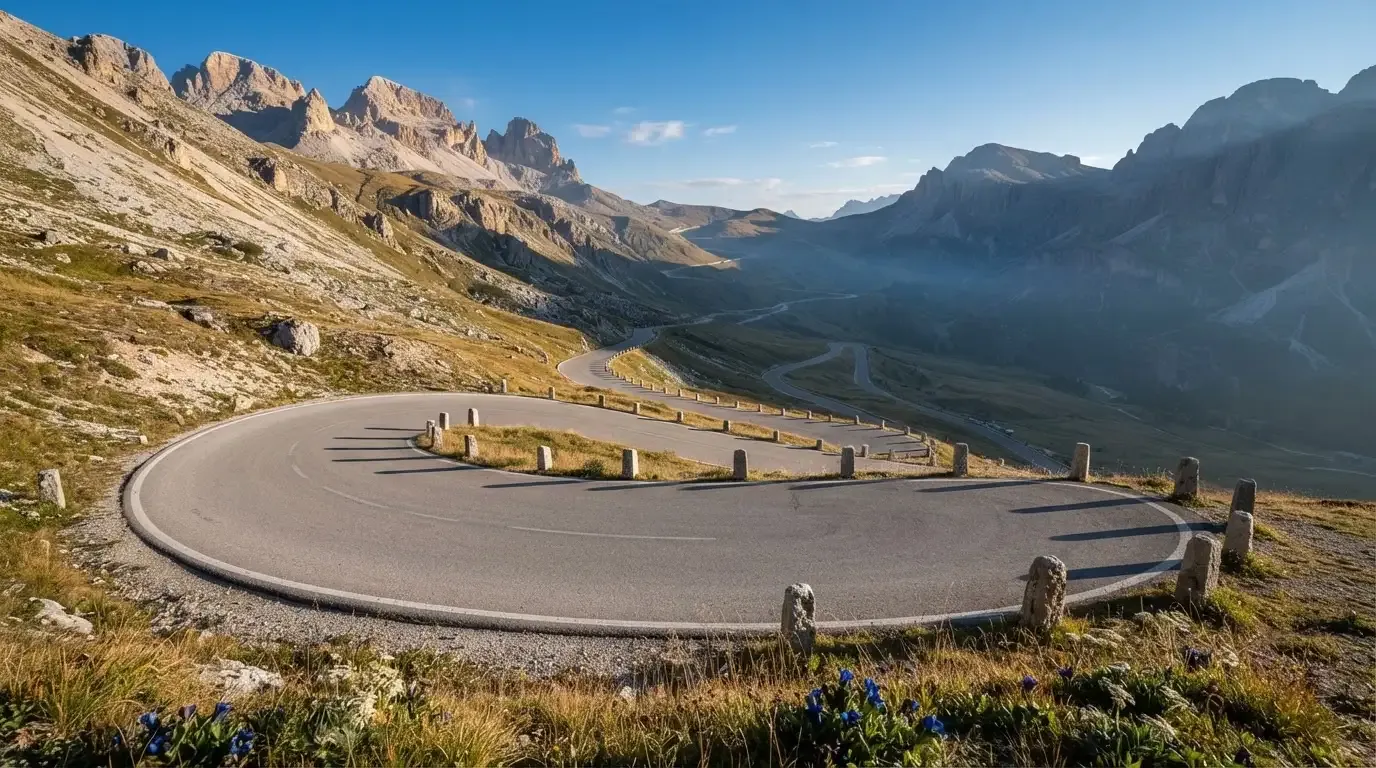 Eine leere Passstrasse mit Serpentinen windet sich im Morgenlicht einen Berg hinauf, am Rand stehen niedrige Steinpfosten.