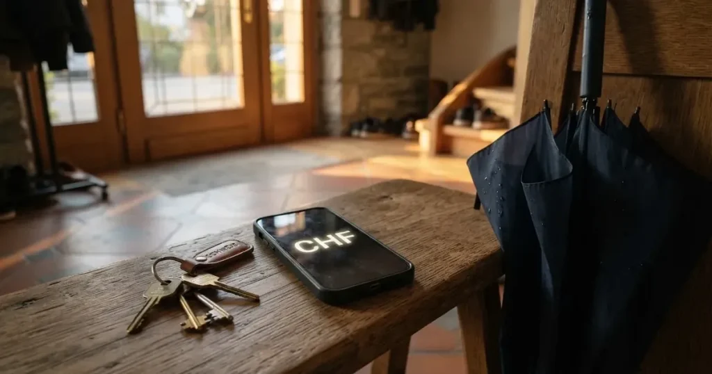 Ein Schlüsselbund und ein Smartphone mit dunklem Display liegen auf einer Holzbank in einem Hauseingang, daneben ein Regenschirm.