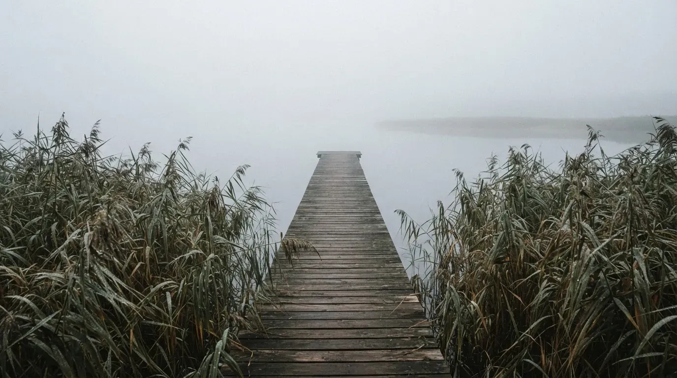 Ein Seeufer mit Schilf und einem schmalen Holzsteg liegt im Nebel, das Wasser ist ruhig und das andere Ufer kaum sichtbar.