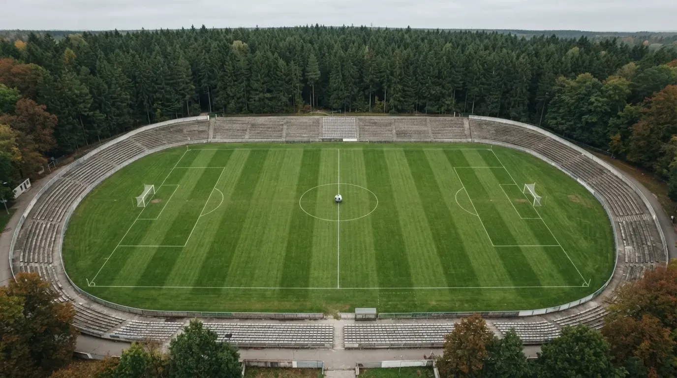 Ein Rasenplatz mit Spielfeldlinien ist von oben gesehen, ein einzelner Ball liegt in der Mitte, rundherum stehen leere Tribünen und Tannenwald.