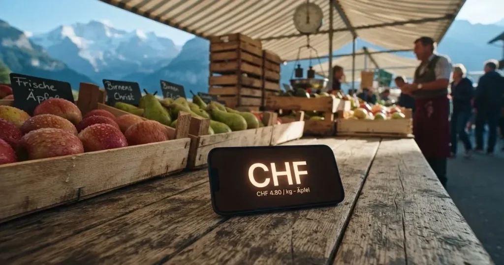Ein Smartphone mit dunklem Display liegt auf dem Holztisch eines Marktstands zwischen Äpfeln und Birnen, morgendliches Licht fällt durch eine Plane.