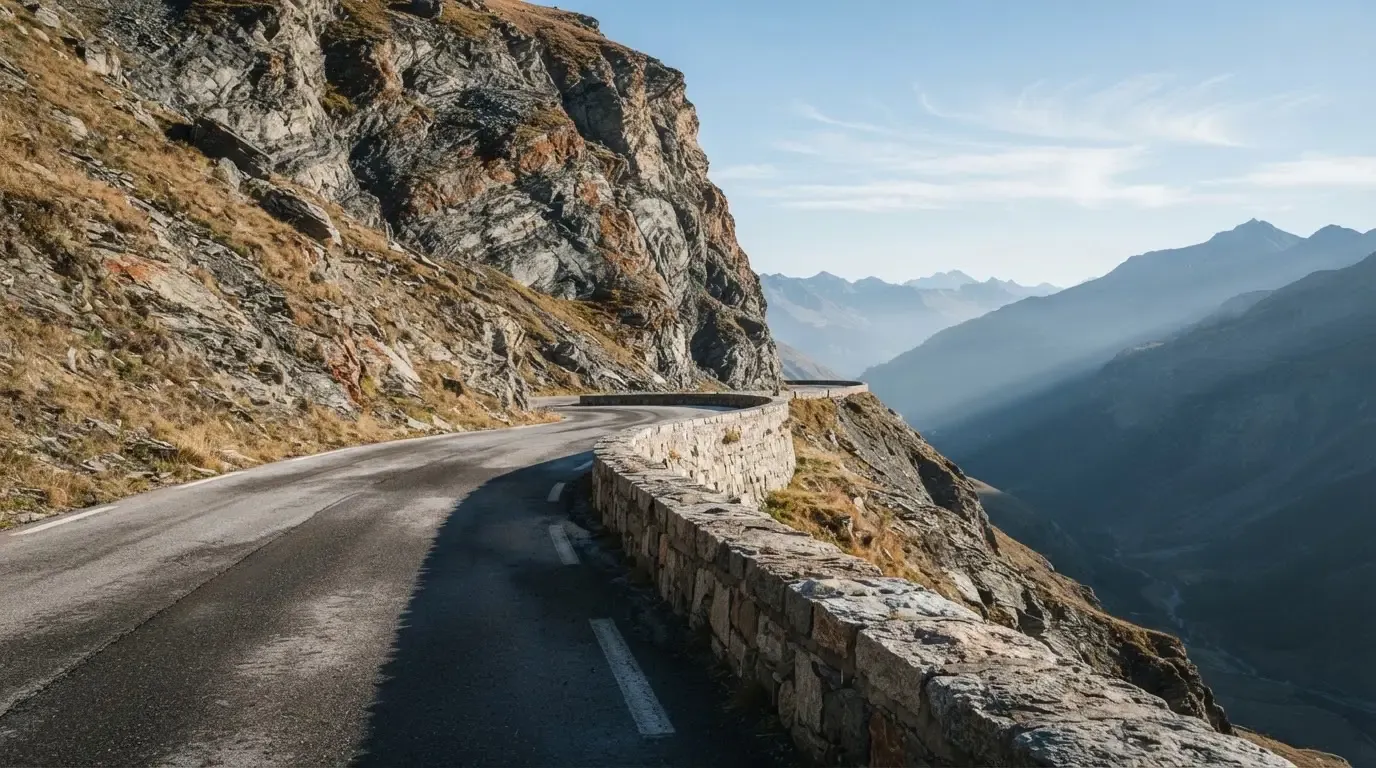 Eine Passstrasse im Hochgebirge säumt eine niedrige Steinmauer, dahinter ragen Felswände auf und der Herbsthimmel ist klar.