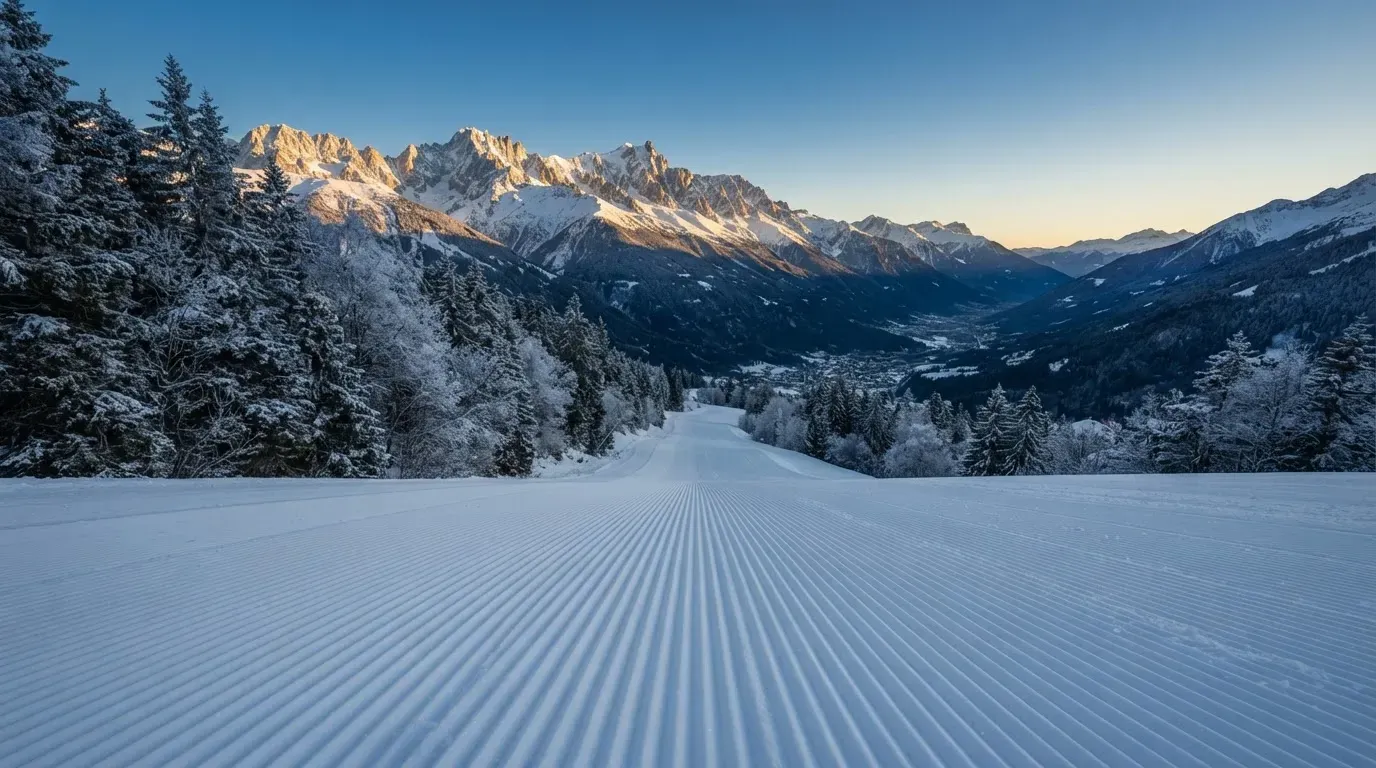 Eine frisch präparierte Skipiste liegt im Morgenlicht leer da, am Rand stehen verschneite Tannen und im Hintergrund Gipfel.