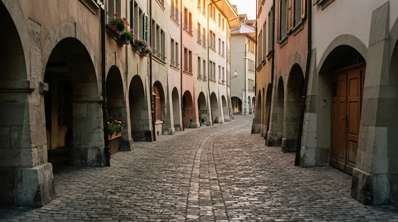 Eine kopfsteingepflasterte Gasse mit Arkaden in einer Schweizer Altstadt im frühen Morgenlicht, niemand ist unterwegs.