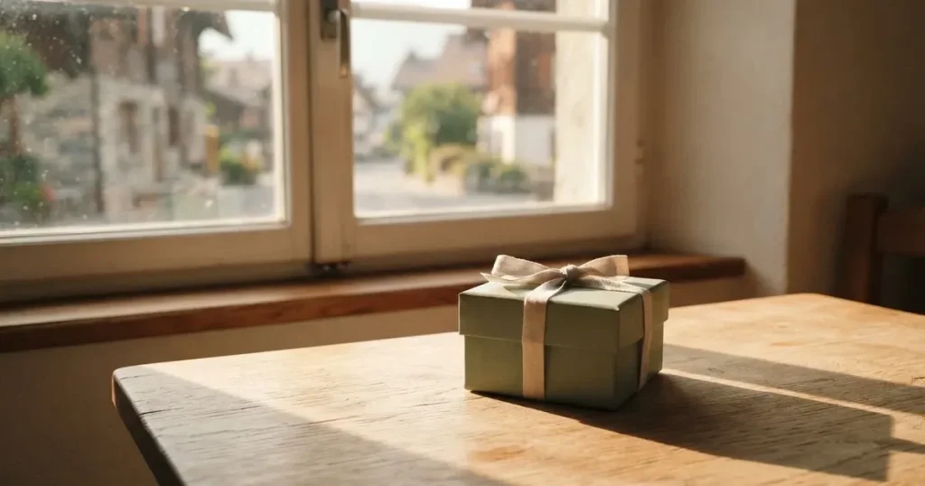 Eine kleine Geschenkschachtel mit schlichtem Band steht auf einem hellen Holztisch neben einem Fenster mit Morgenlicht.