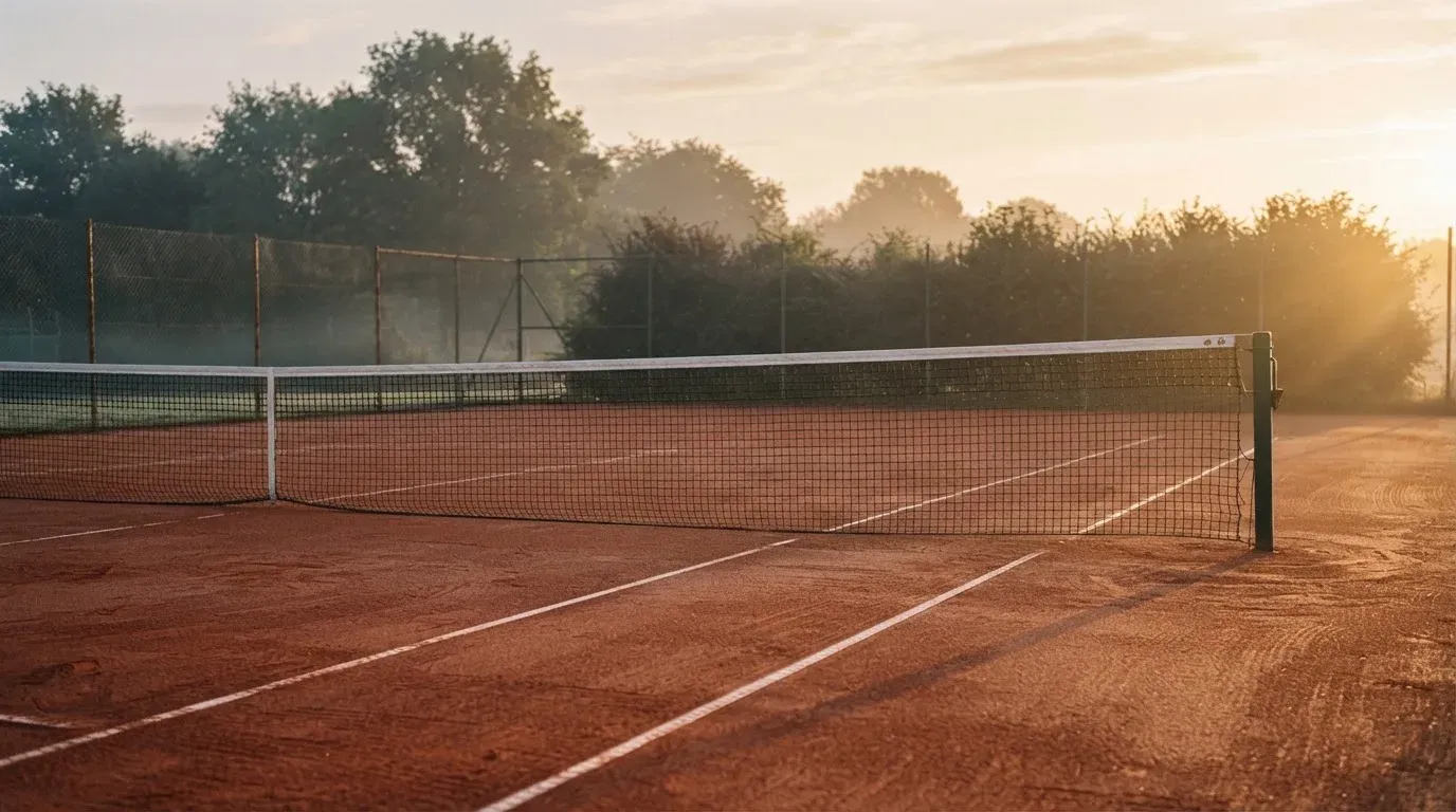 Ein Tennisplatz im Morgengrauen mit gespanntem Netz und feinem Dunst über der roten Asche.
