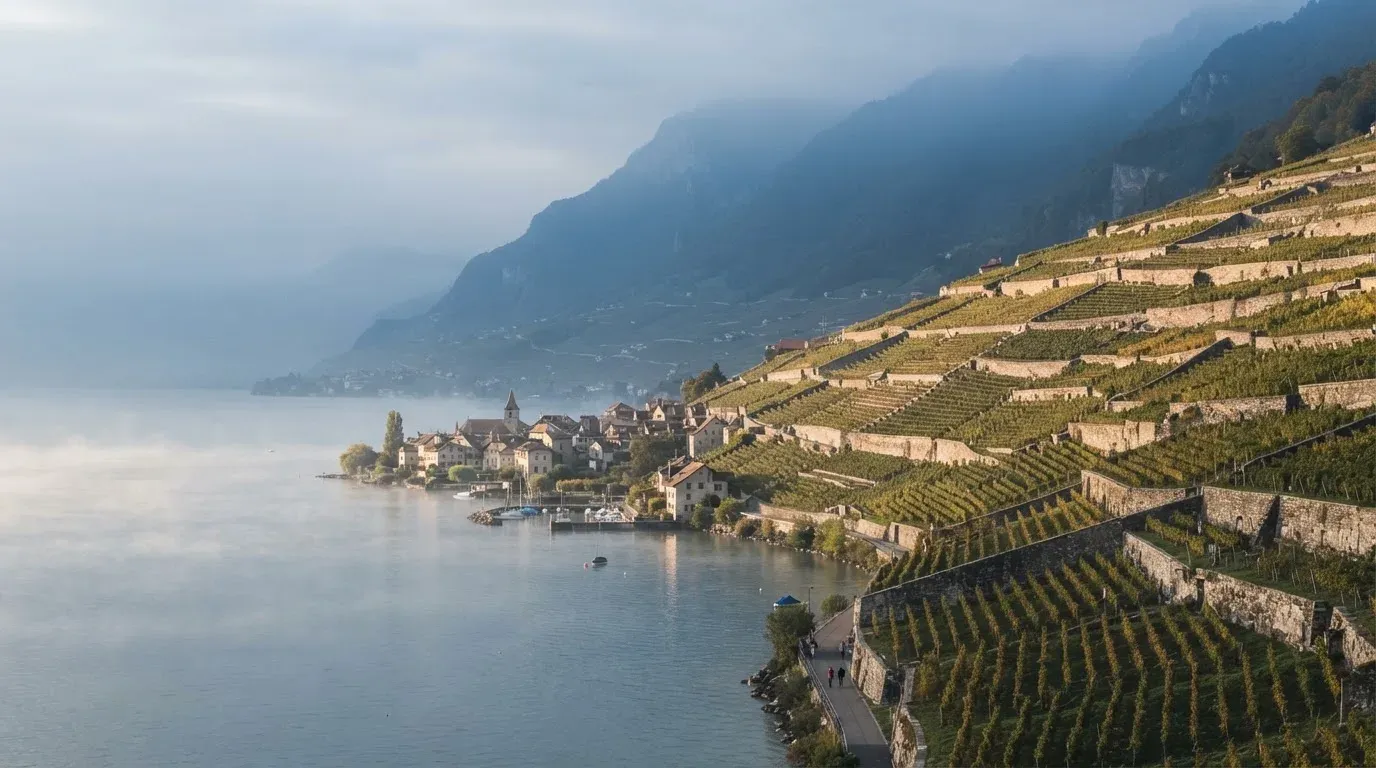 Terrassierte Weinberge über einem See im Morgendunst, am Ufer liegt ein kleines Dorf.
