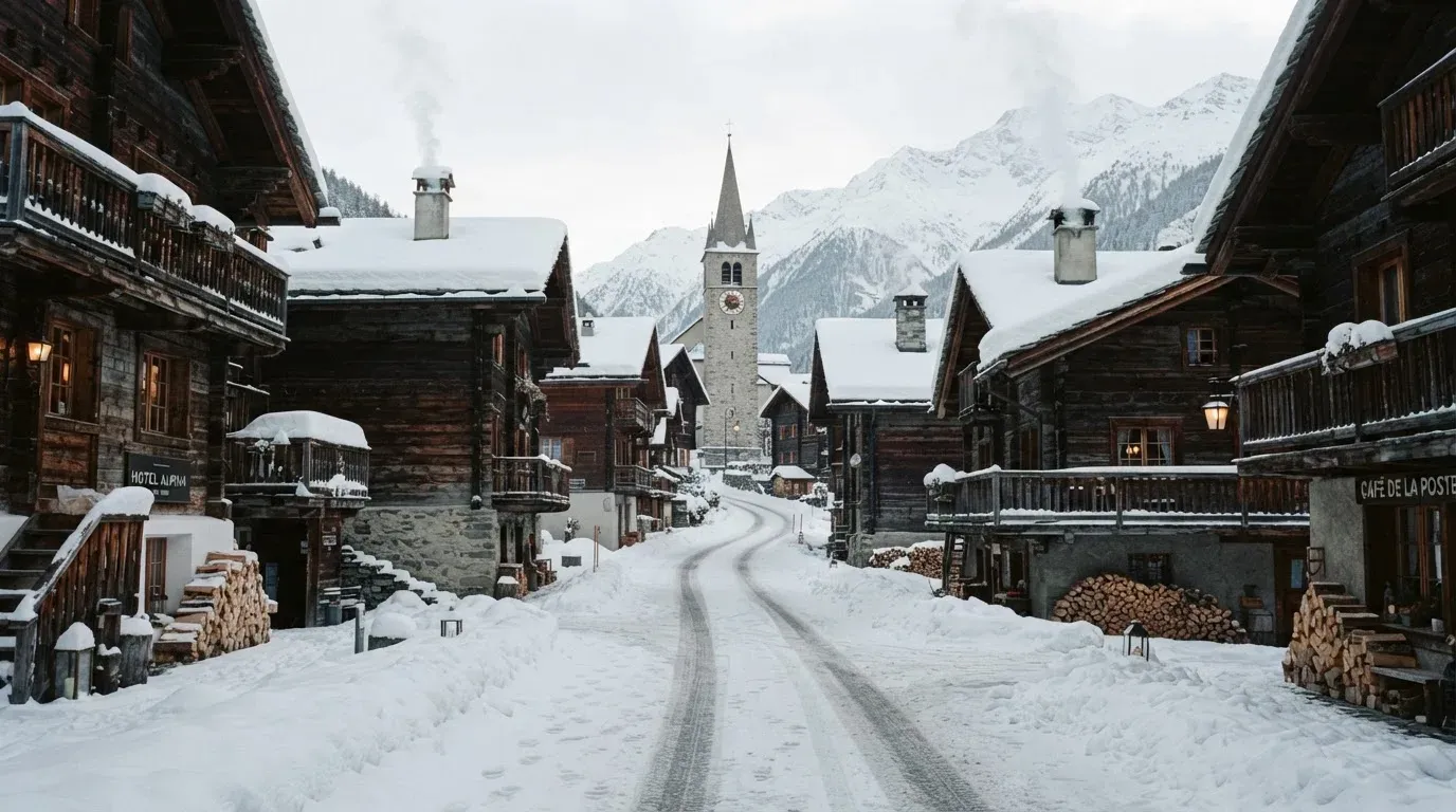 Eine verschneite Dorfstrasse mit Kirchturm im Hintergrund, Rauch steigt aus den Kaminen.