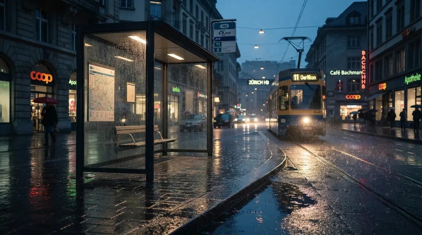 Eine Tramhaltestelle in einer Schweizer Stadt bei Regen, nasses Pflaster spiegelt das Licht.