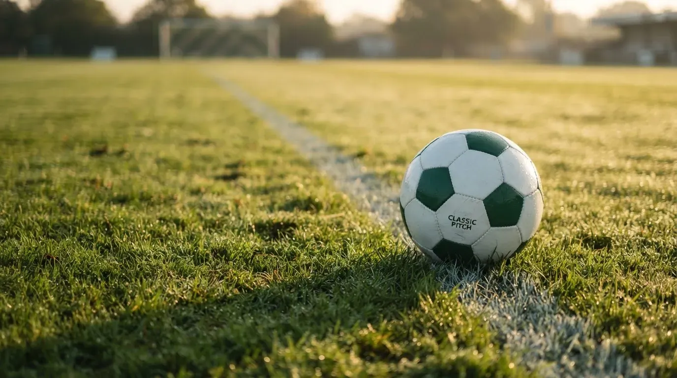 Ein Fussball ruht an der Seitenlinie im taufeuchten Gras, die ersten Sonnenstrahlen fallen schräg über den Platz.