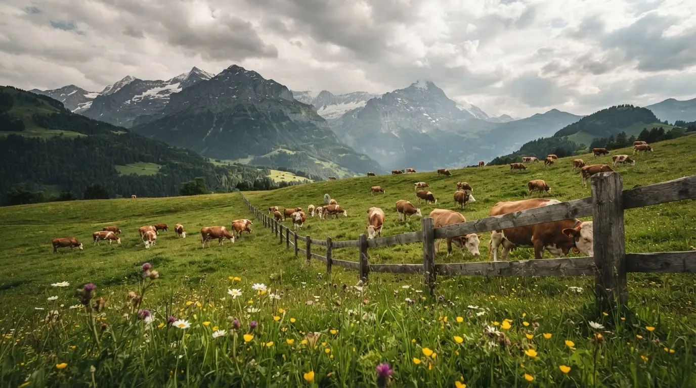 Eine Alpwiese mit weidenden Kühen und einem Holzzaun unter wolkigem Himmel.