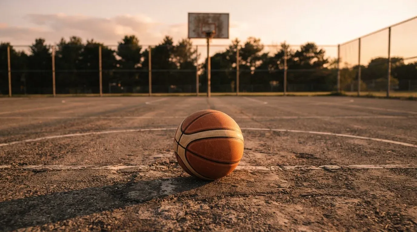 Ein Basketball liegt bei Sonnenuntergang auf einem leeren Aussenplatz, lange Schatten fallen über den Boden.