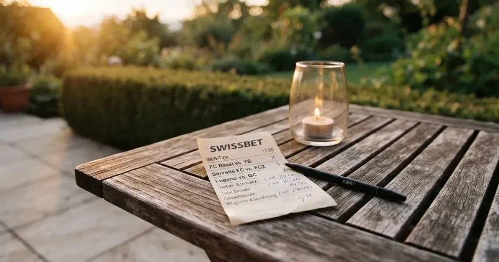 Ein leeres Wettschein-Papier und ein Kugelschreiber liegen auf einem Gartentisch auf einer Terrasse, daneben steht ein Windlicht.