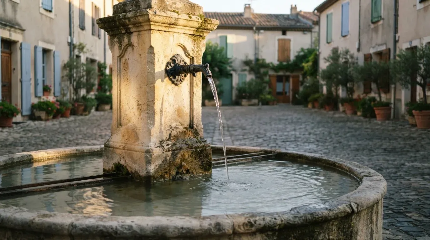 Ein Steinbrunnen auf einem stillen Dorfplatz im ersten Morgenlicht, Wasser fliesst ruhig in das Becken.