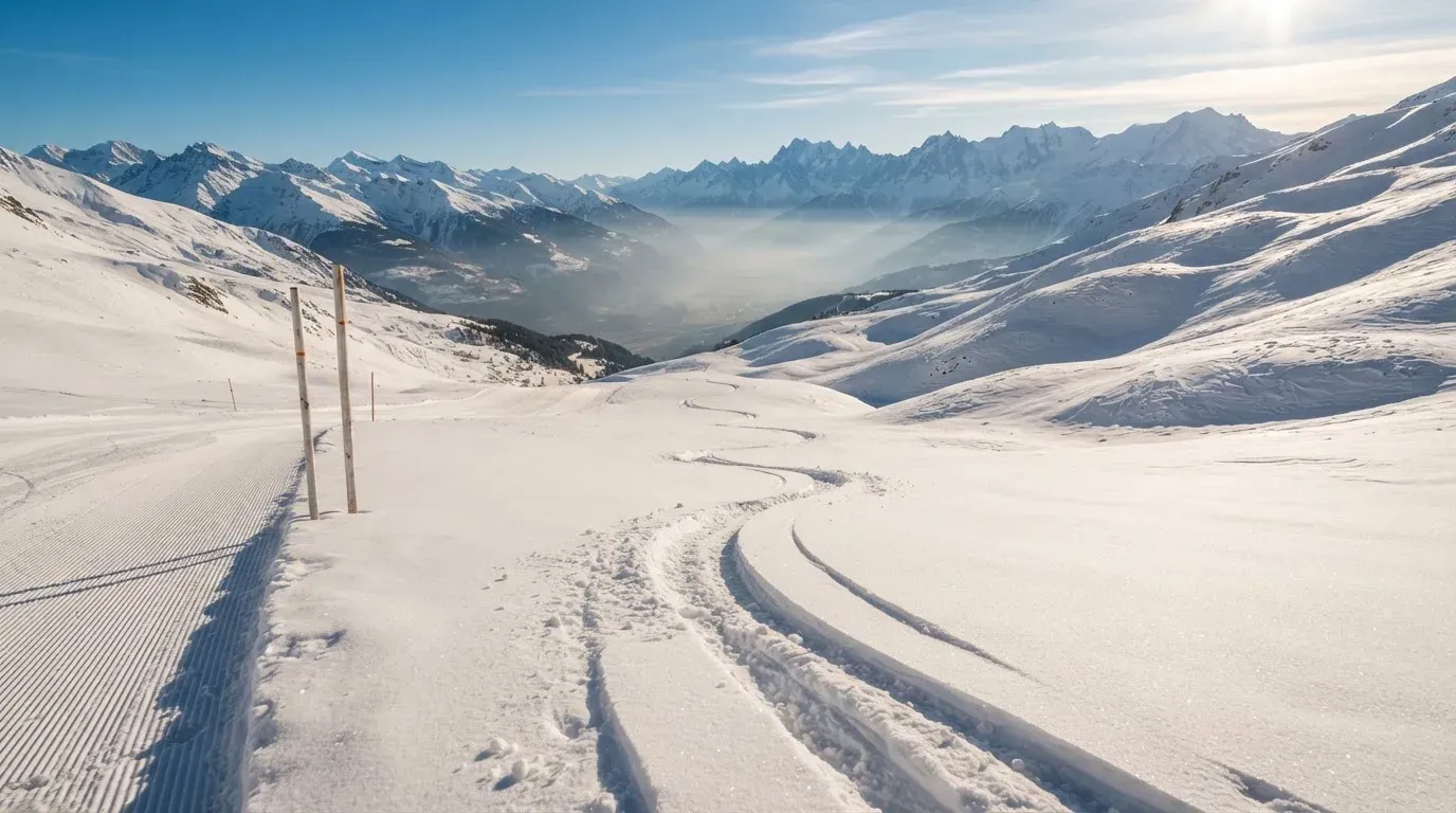 Skispuren im frischen Schnee an einem sonnigen Hang vor blauem Himmel.