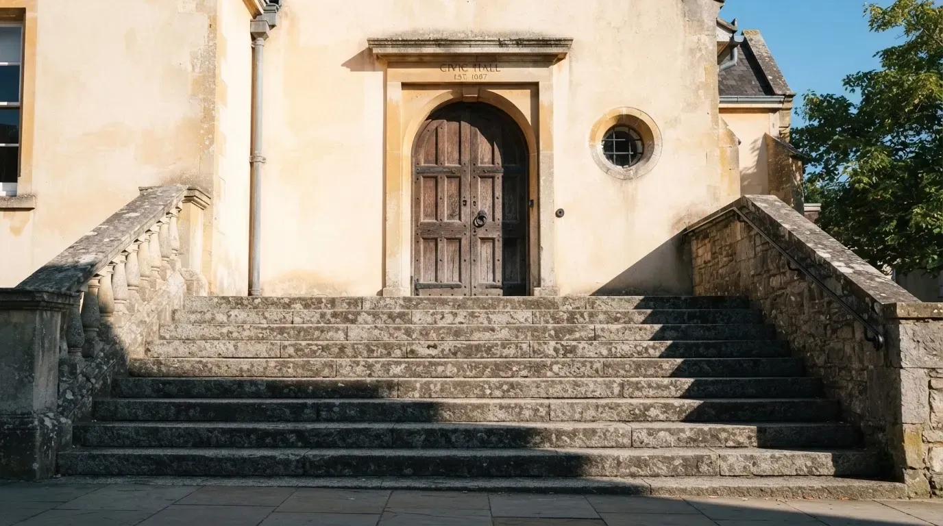Eine Steintreppe führt zu einer schweren Eichentür in einer hellen Fassade, die Stufen liegen im Morgenschatten.