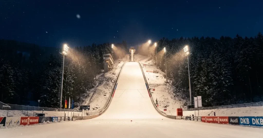 Eine Skisprungschanze im Flutlicht, aus dem Tal gesehen, der Hang liegt im Schnee.