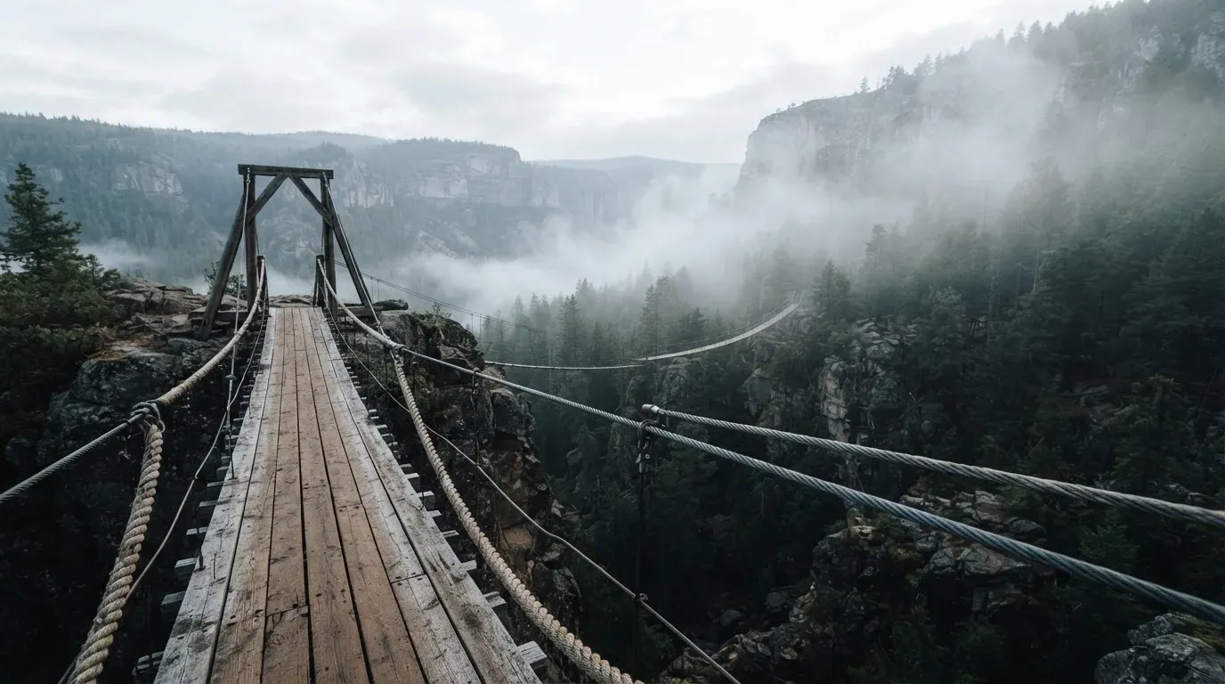 Eine Hängebrücke über eine tiefe Schlucht, aus dem Wald darunter steigt Nebel auf.