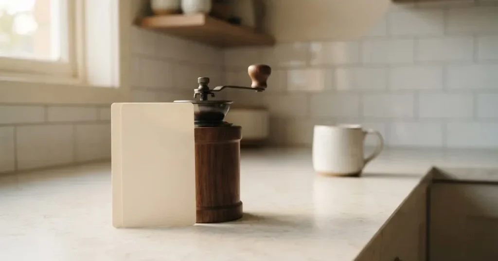 Eine leere cremefarbene Karte lehnt an einer Kaffeemühle auf einer Küchenablage.