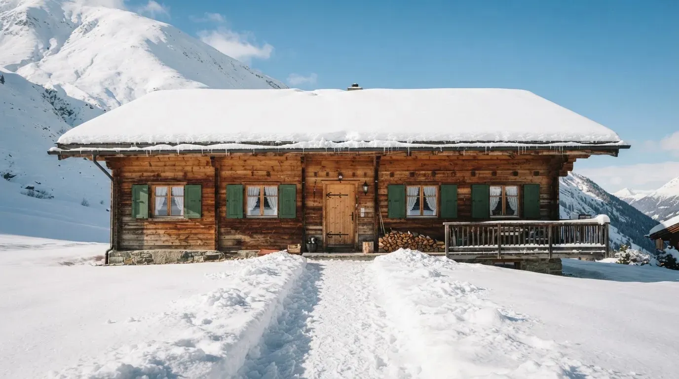 Ein Holzchalet mit Schnee auf dem Dach im klaren Sonnenlicht, davor ein geräumter Weg.