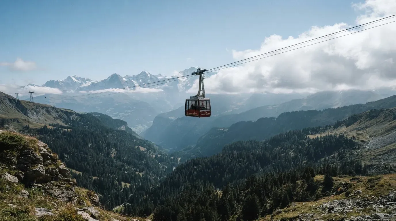 Eine Gondel einer Seilbahn schwebt über einem Tal mit Nadelwald, dahinter ziehen Wolken auf.
