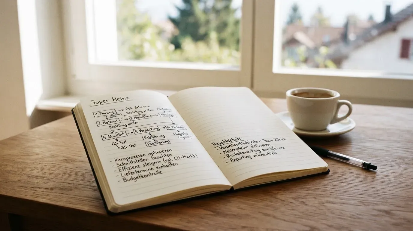 Ein aufgeschlagenes Notizbuch mit handschriftlichen Pfeilen und Kästchen liegt neben einer Kaffeetasse auf einem Schreibtisch am Fenster.