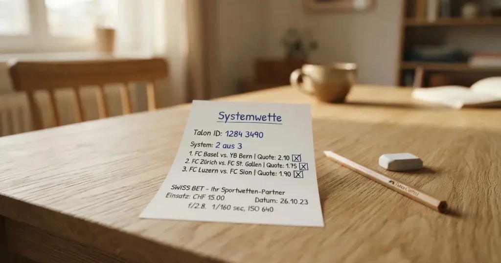Ein leerer Wettschein aus Papier liegt neben einem Bleistift und einem Radiergummi auf einem hellen Holztisch im Tageslicht.